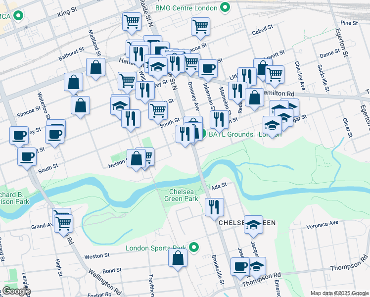 map of restaurants, bars, coffee shops, grocery stores, and more near 41 Adelaide Street North in London