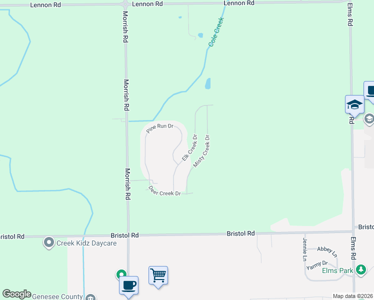 map of restaurants, bars, coffee shops, grocery stores, and more near 3140 Elk Creek Drive in Swartz Creek