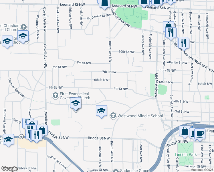 map of restaurants, bars, coffee shops, grocery stores, and more near 648 Ravine Drive Northwest in Grand Rapids