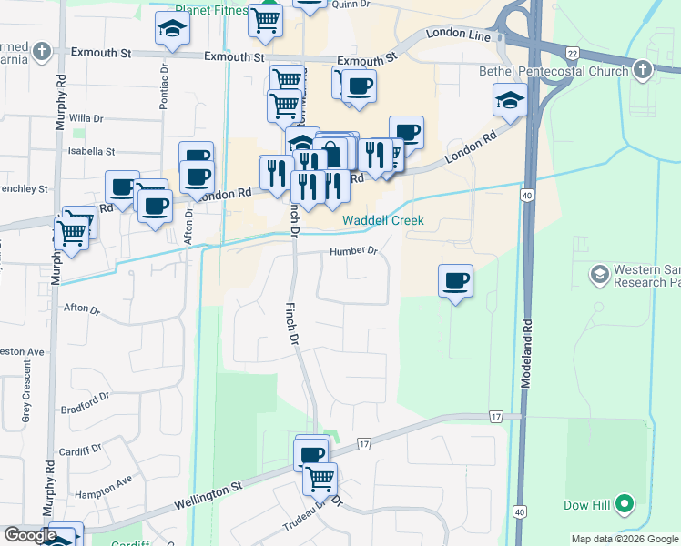 map of restaurants, bars, coffee shops, grocery stores, and more near 758 Lambton Court in Sarnia