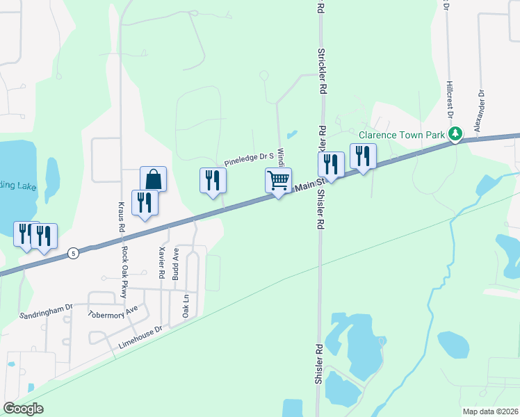 map of restaurants, bars, coffee shops, grocery stores, and more near 10155 Main Street in Clarence