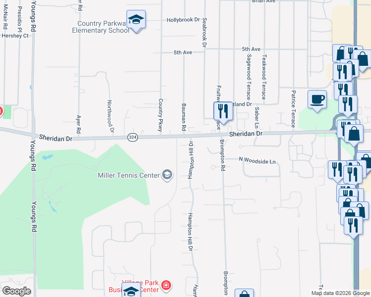 map of restaurants, bars, coffee shops, grocery stores, and more near 15 Hampton Hill Drive in Buffalo