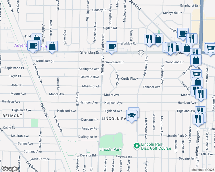 map of restaurants, bars, coffee shops, grocery stores, and more near 424 Moore Avenue in Buffalo