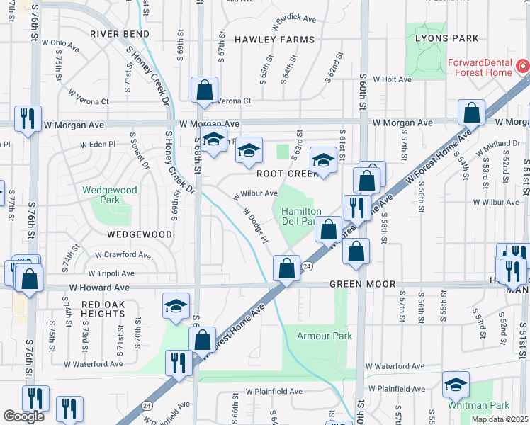 map of restaurants, bars, coffee shops, grocery stores, and more near 6529 West Dodge Place in Milwaukee