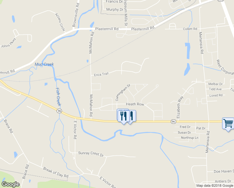 map of restaurants, bars, coffee shops, grocery stores, and more near 1180 Cunningham Drive in Victor