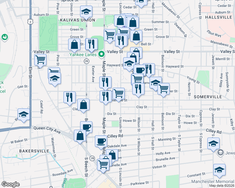 map of restaurants, bars, coffee shops, grocery stores, and more near 487 Somerville Street in Manchester