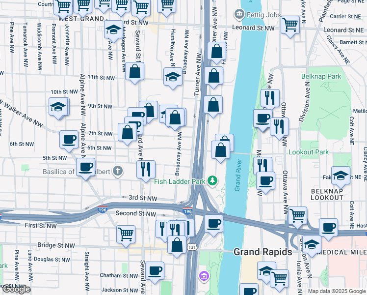 map of restaurants, bars, coffee shops, grocery stores, and more near 717 Turner Avenue Northwest in Grand Rapids