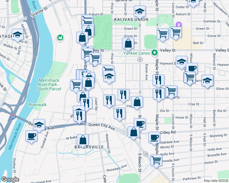 map of restaurants, bars, coffee shops, grocery stores, and more near 36 Plummer Street in Manchester