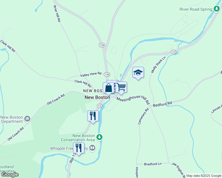 map of restaurants, bars, coffee shops, grocery stores, and more near 2 High Street in New Boston
