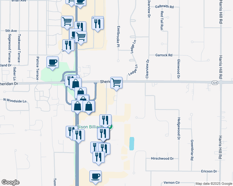 map of restaurants, bars, coffee shops, grocery stores, and more near 8139 Sheridan Drive in Buffalo
