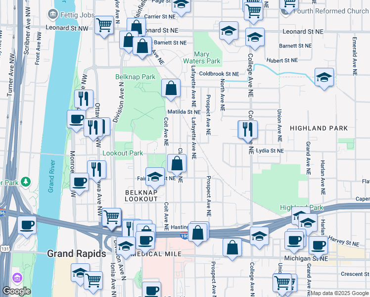 map of restaurants, bars, coffee shops, grocery stores, and more near 741 Clancy Avenue Northeast in Grand Rapids