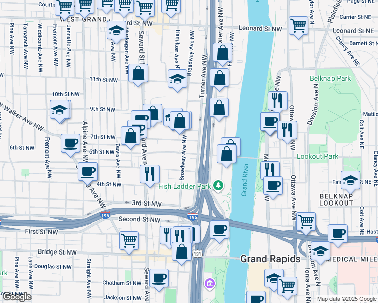 map of restaurants, bars, coffee shops, grocery stores, and more near 717 Turner Avenue Northwest in Grand Rapids