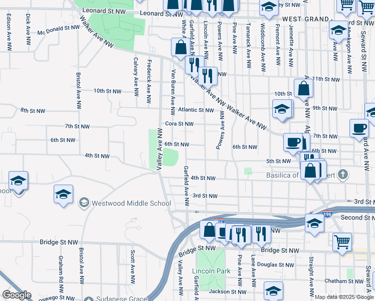 map of restaurants, bars, coffee shops, grocery stores, and more near 674 Garfield Avenue Northwest in Grand Rapids