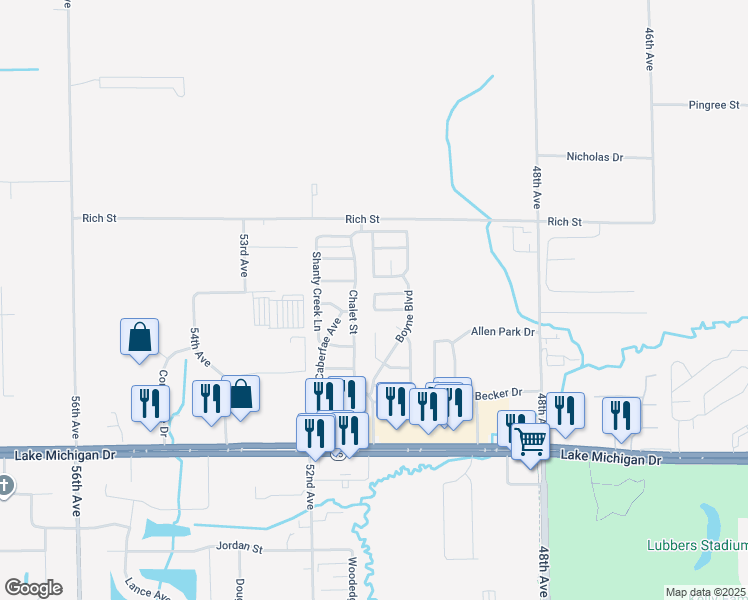 map of restaurants, bars, coffee shops, grocery stores, and more near 5095 Lake Michigan Drive in Allendale Charter Township