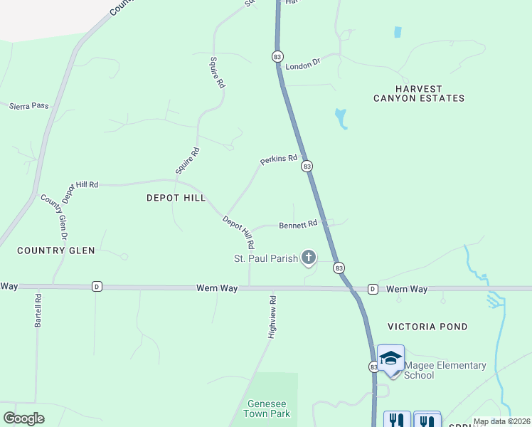 map of restaurants, bars, coffee shops, grocery stores, and more near S37W31735 Bennett Road in Waukesha