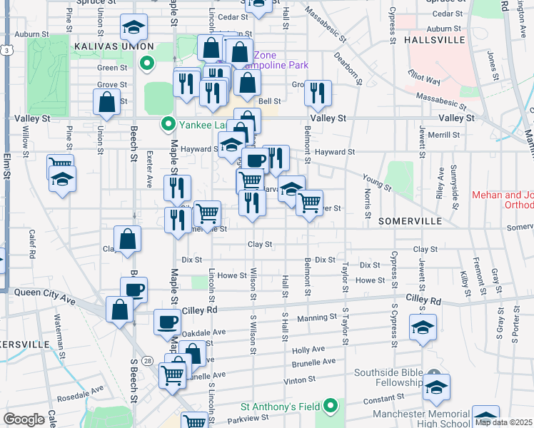 map of restaurants, bars, coffee shops, grocery stores, and more near 589 Somerville Street in Manchester