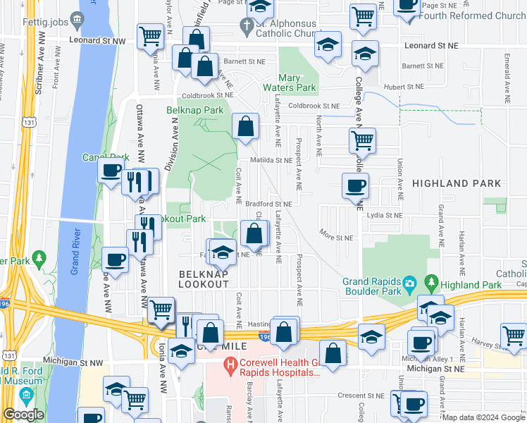 map of restaurants, bars, coffee shops, grocery stores, and more near 766 Clancy Avenue Northeast in Grand Rapids