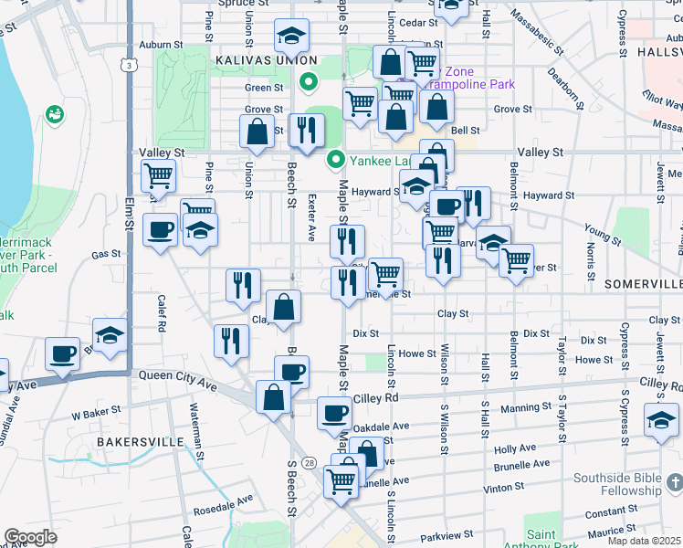 map of restaurants, bars, coffee shops, grocery stores, and more near 419 Somerville Street in Manchester