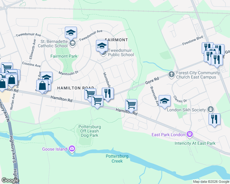 map of restaurants, bars, coffee shops, grocery stores, and more near 1170 Hamilton Road in London