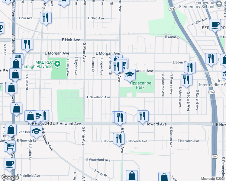 map of restaurants, bars, coffee shops, grocery stores, and more near 3706 South Herman Street in Milwaukee