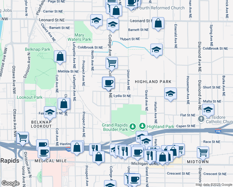 map of restaurants, bars, coffee shops, grocery stores, and more near 519 Lydia Street Northeast in Grand Rapids