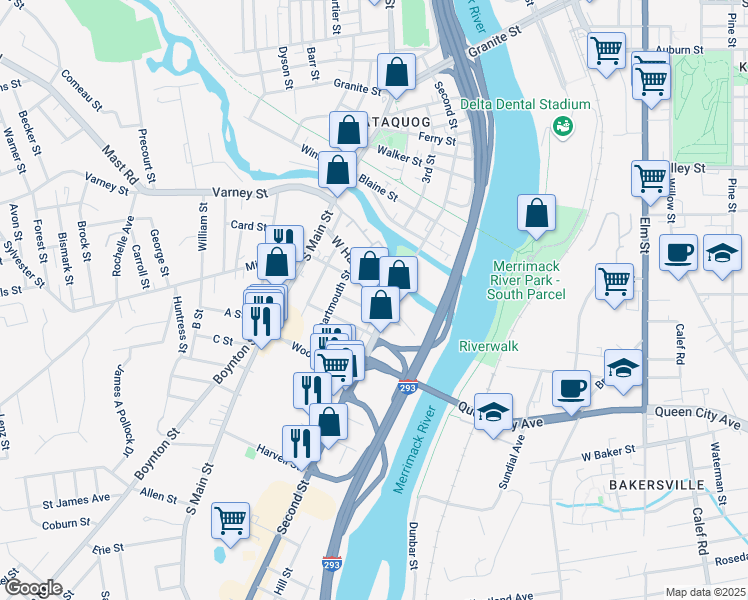 map of restaurants, bars, coffee shops, grocery stores, and more near 125 Frederick Street in Manchester