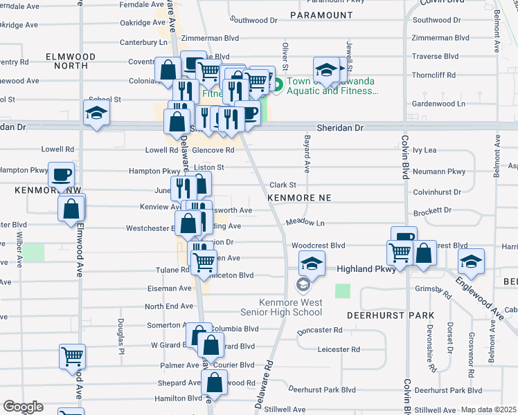 map of restaurants, bars, coffee shops, grocery stores, and more near 110 Chatsworth Avenue in Buffalo