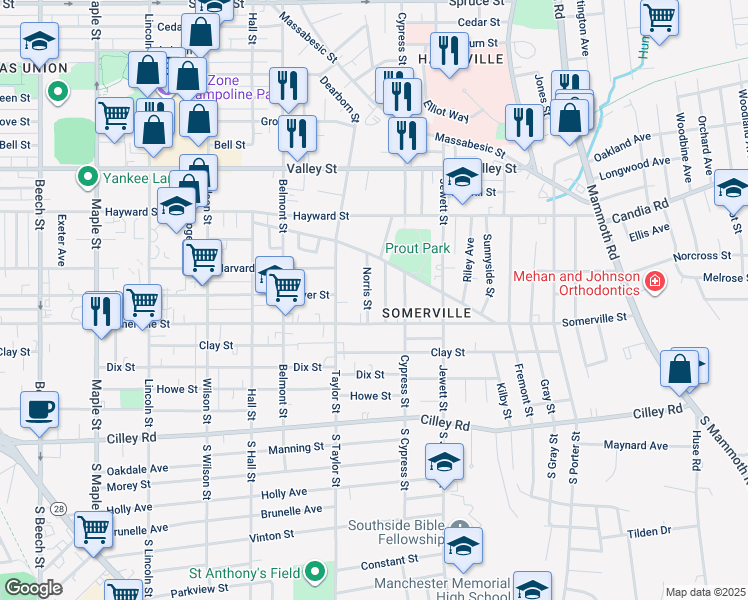 map of restaurants, bars, coffee shops, grocery stores, and more near 888 Somerville Street in Manchester