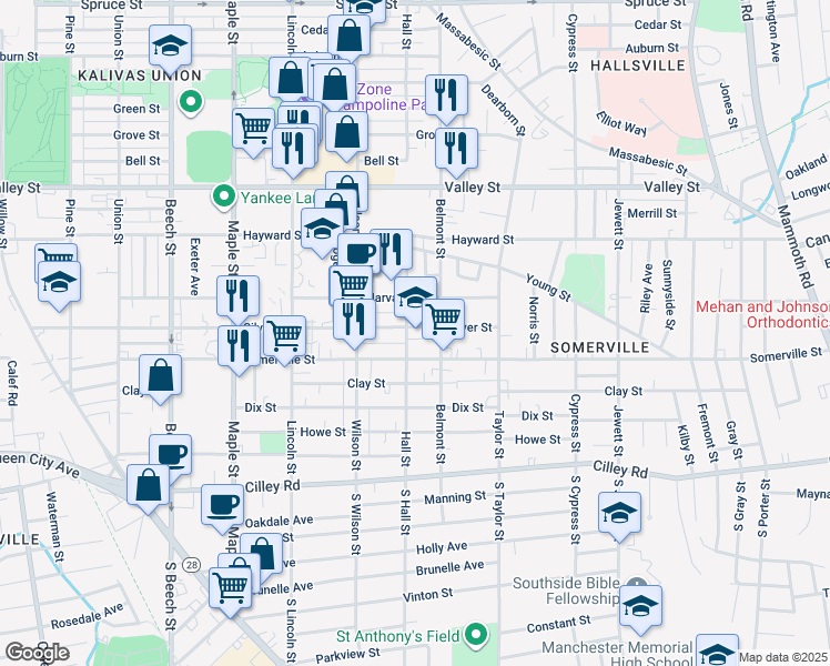 map of restaurants, bars, coffee shops, grocery stores, and more near 130 Hall Street in Manchester