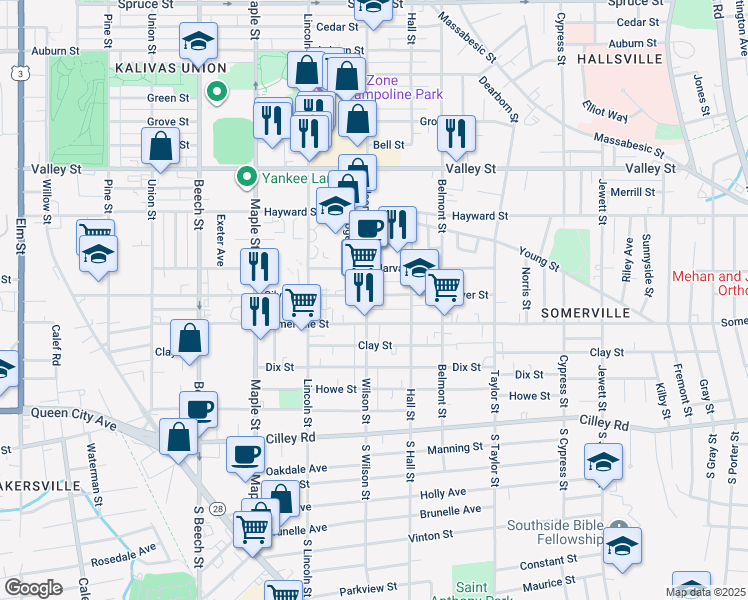 map of restaurants, bars, coffee shops, grocery stores, and more near 589 Somerville Street in Manchester
