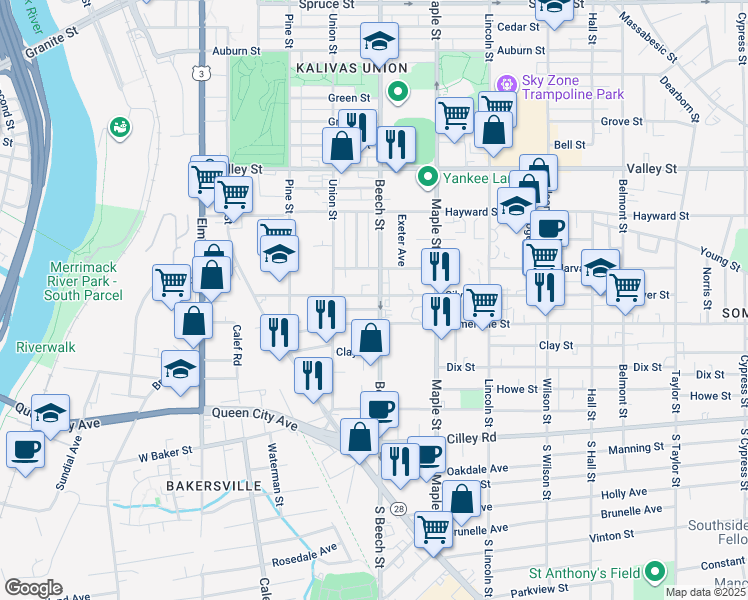 map of restaurants, bars, coffee shops, grocery stores, and more near 292 Somerville Street in Manchester