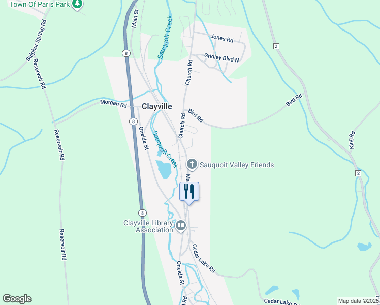 map of restaurants, bars, coffee shops, grocery stores, and more near 2358 Main Street in Clayville
