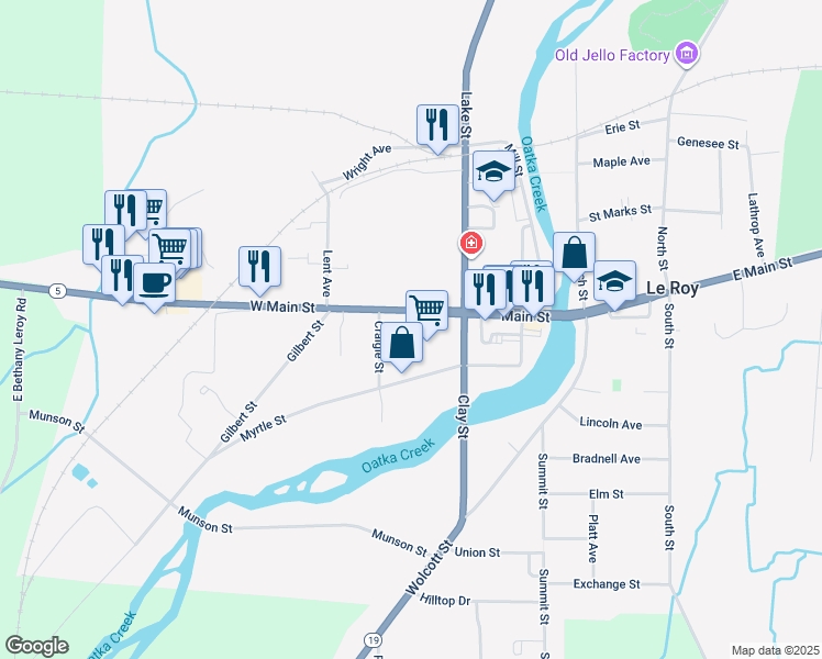 map of restaurants, bars, coffee shops, grocery stores, and more near 15 West Main Street in Le Roy
