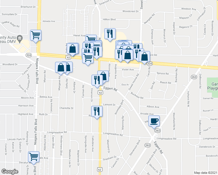 map of restaurants, bars, coffee shops, grocery stores, and more near 4459 Bailey Avenue in Buffalo