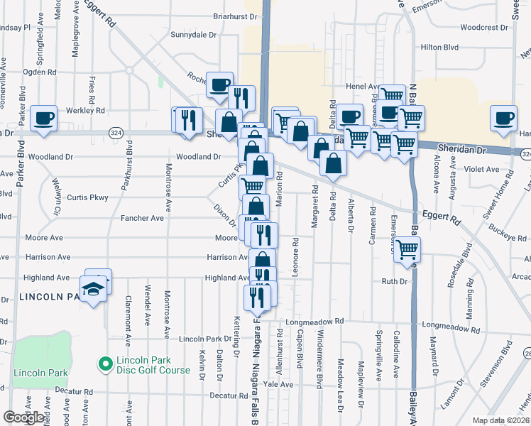 map of restaurants, bars, coffee shops, grocery stores, and more near 820 Niagara Falls Boulevard in Buffalo