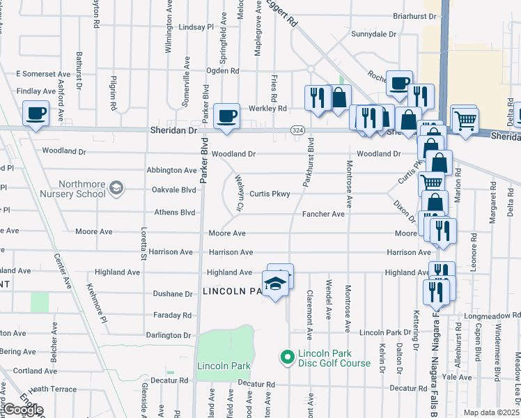 map of restaurants, bars, coffee shops, grocery stores, and more near 508 Moore Avenue in Buffalo