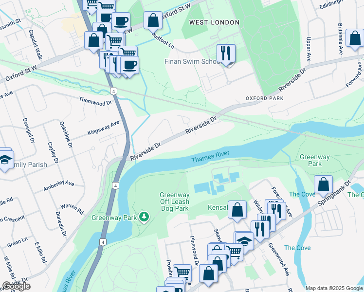 map of restaurants, bars, coffee shops, grocery stores, and more near 442 Riverside Drive in London