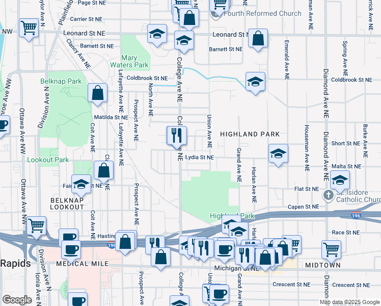 map of restaurants, bars, coffee shops, grocery stores, and more near 525 Bissell Street Northeast in Grand Rapids