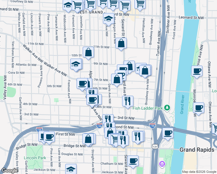 map of restaurants, bars, coffee shops, grocery stores, and more near 721 5th Street Northwest in Grand Rapids