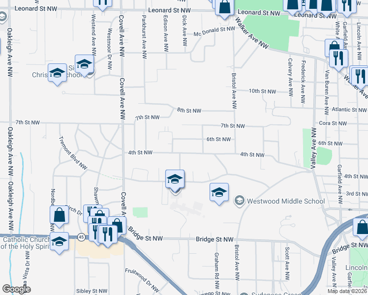 map of restaurants, bars, coffee shops, grocery stores, and more near 1750 4th Street Northwest in Grand Rapids