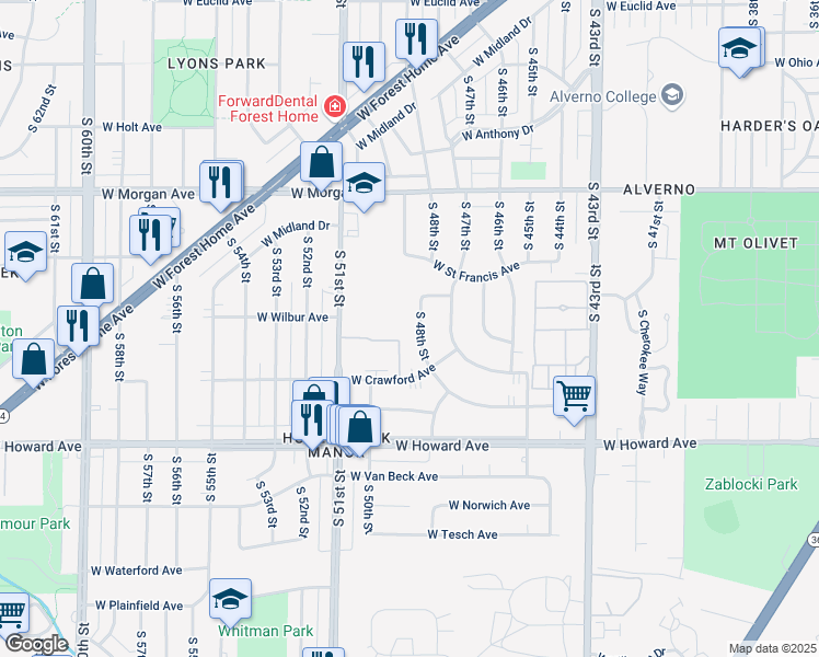 map of restaurants, bars, coffee shops, grocery stores, and more near 3777 South 48th Street in Milwaukee