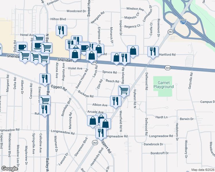 map of restaurants, bars, coffee shops, grocery stores, and more near 14 Hemlock Lane in Buffalo