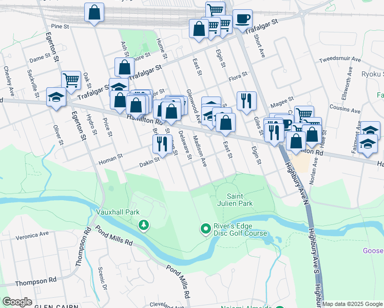 map of restaurants, bars, coffee shops, grocery stores, and more near 140 Delaware Street in London