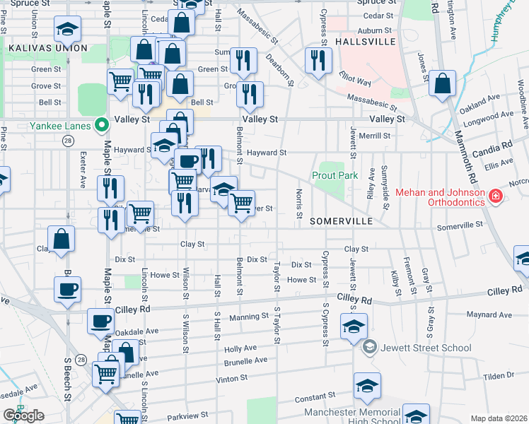 map of restaurants, bars, coffee shops, grocery stores, and more near 769 Somerville Street in Manchester