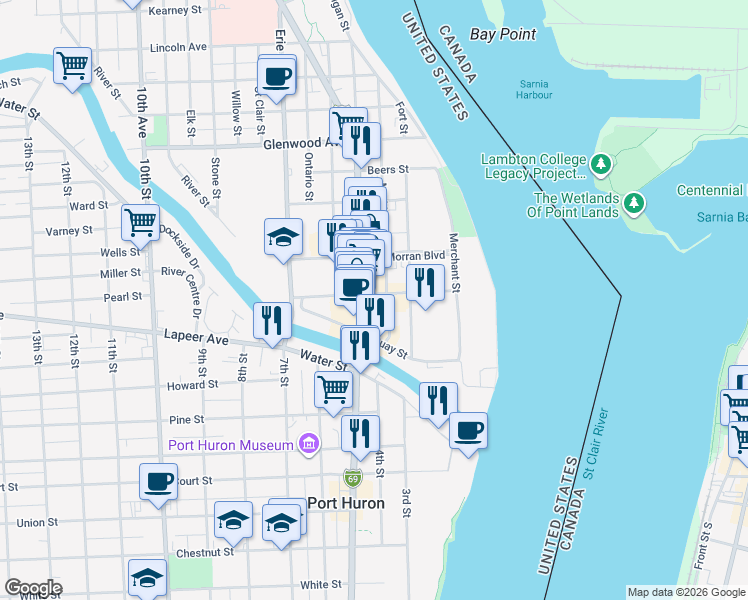 map of restaurants, bars, coffee shops, grocery stores, and more near 208 Huron Avenue in Port Huron