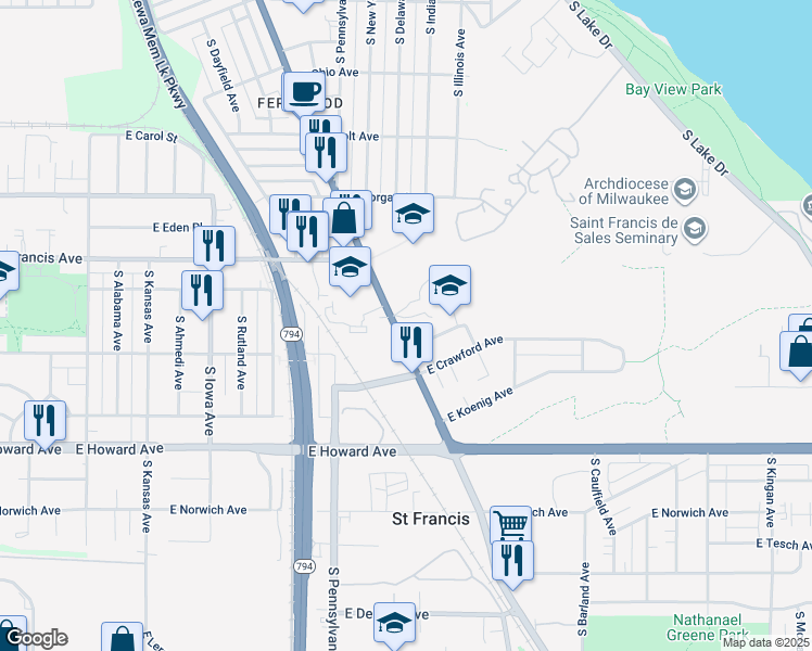 map of restaurants, bars, coffee shops, grocery stores, and more near 3737 South Kinnickinnic Avenue in Saint Francis