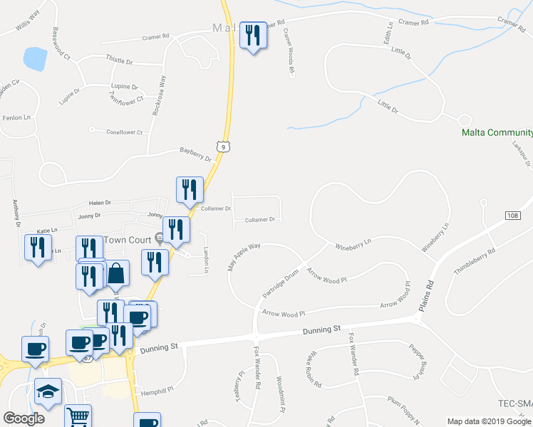map of restaurants, bars, coffee shops, grocery stores, and more near 43 Collamer Drive in Ballston Spa