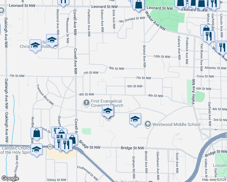 map of restaurants, bars, coffee shops, grocery stores, and more near 1741 6th Street Northwest in Grand Rapids