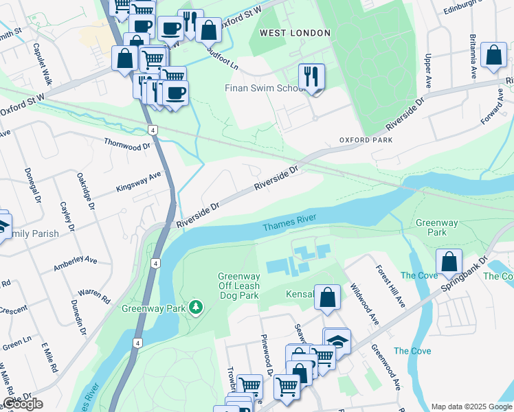 map of restaurants, bars, coffee shops, grocery stores, and more near 442 Riverside Drive in London