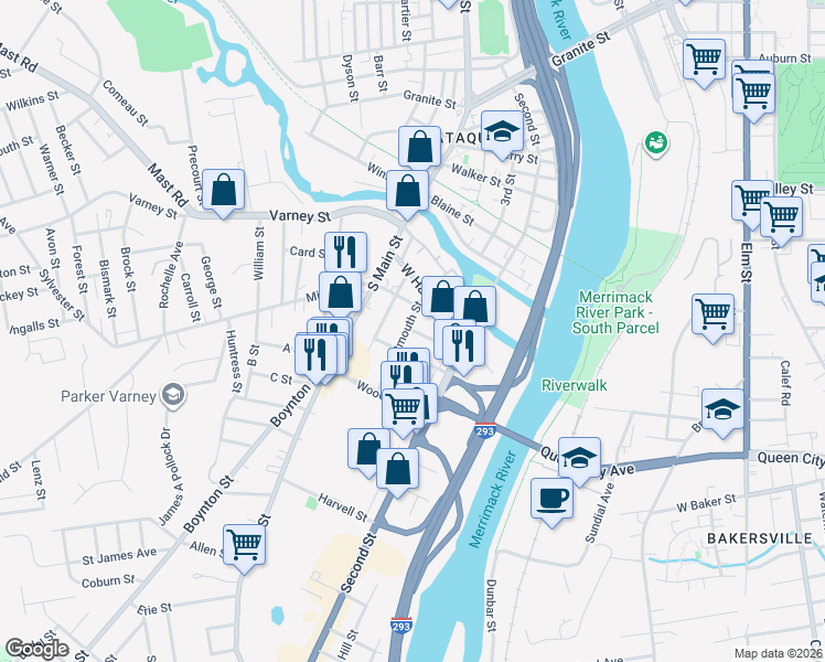 map of restaurants, bars, coffee shops, grocery stores, and more near 128 Mcneil Street in Manchester